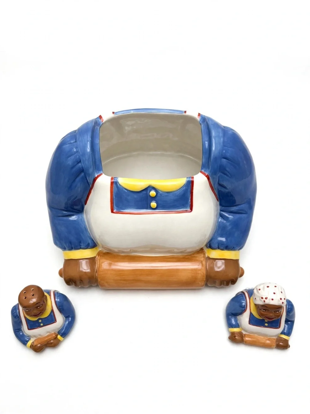 Clay Art StoneLite Mammy Cookie Jar w/ Salt & Pepper Shakers Blue Yellow 2001.